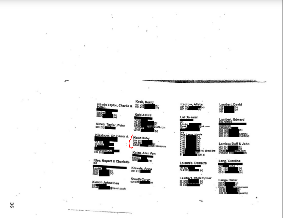 Image from Jeffrey Epstein's little black book, Page 31. Shows "Boby Kotick" highlighted with red.